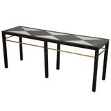 Mid Century Modern Harlequin Glass Brass Wood Console Table